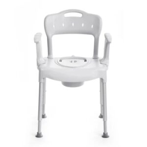 White plastic commode chair with armrests, a backrest with ventilation holes, adjustable legs, and a removable seat cover.