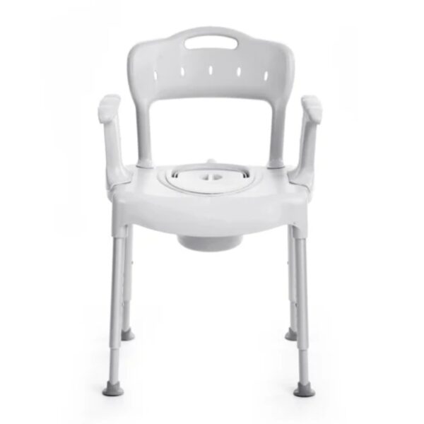 White plastic commode chair with armrests, a backrest with ventilation holes, adjustable legs, and a removable seat cover.