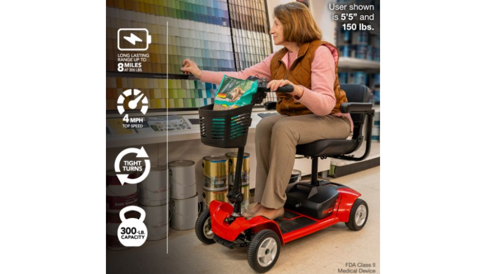 A woman sits on a red Venture 4-Wheel Scooter inside a store, holding grocery bags, while the scooter’s features and specifications are displayed to the left of the image.