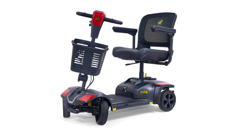 The Buzzaround XL 4-Wheel Scooter, inspired by the popular original model, features a front basket, a comfortable black seat with armrests, and eye-catching red accents on its body.