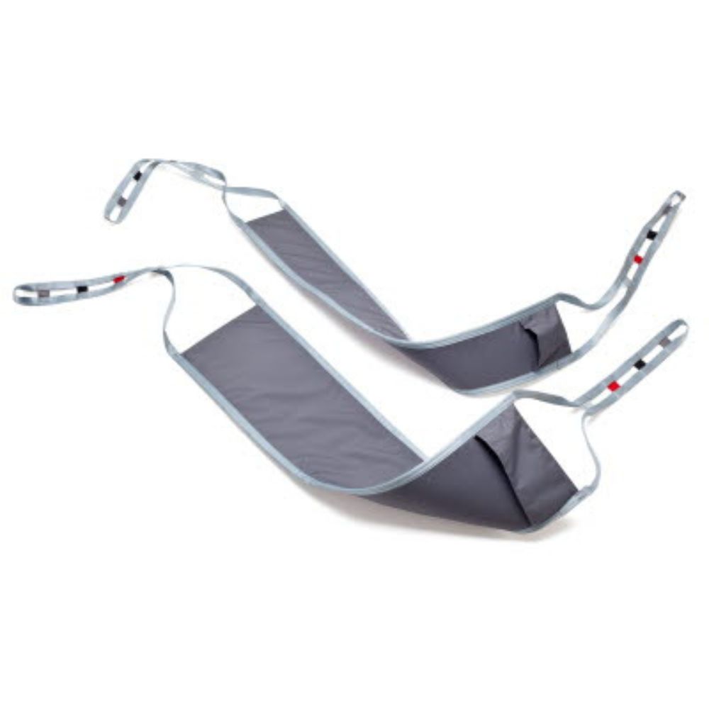 Two gray EvoSling FlexiStrap standard patient transfer slings with reinforced handles and loops are laid flat on a white background.