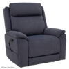 A dark blue, fabric-upholstered Evolution Lift Chair recliner with padded armrests, a high backrest, and a remote control attached on the left side.