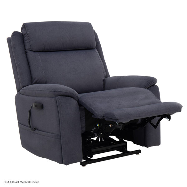A dark gray upholstered Evolution Lift Chair recliner with an extended footrest and a built-in control panel on the left armrest.