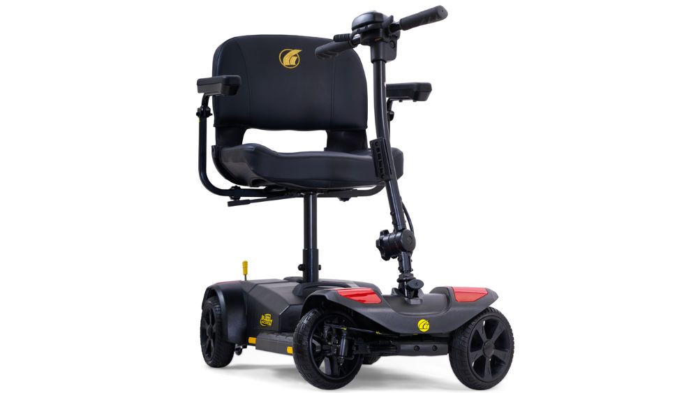 A compact black BuzzAround LT 4-Wheel Scooter with a padded seat, backrest, handlebars, and four wheels is shown on a white background.
