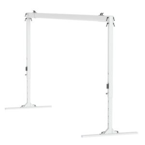 The FlexiRail Freestanding Gantry Lift features a white adjustable-height frame with two vertical legs and horizontal supports, designed for mounting yet shown without a tabletop or accessories—similar in function to the sturdy frames used for an overhead patient lift.