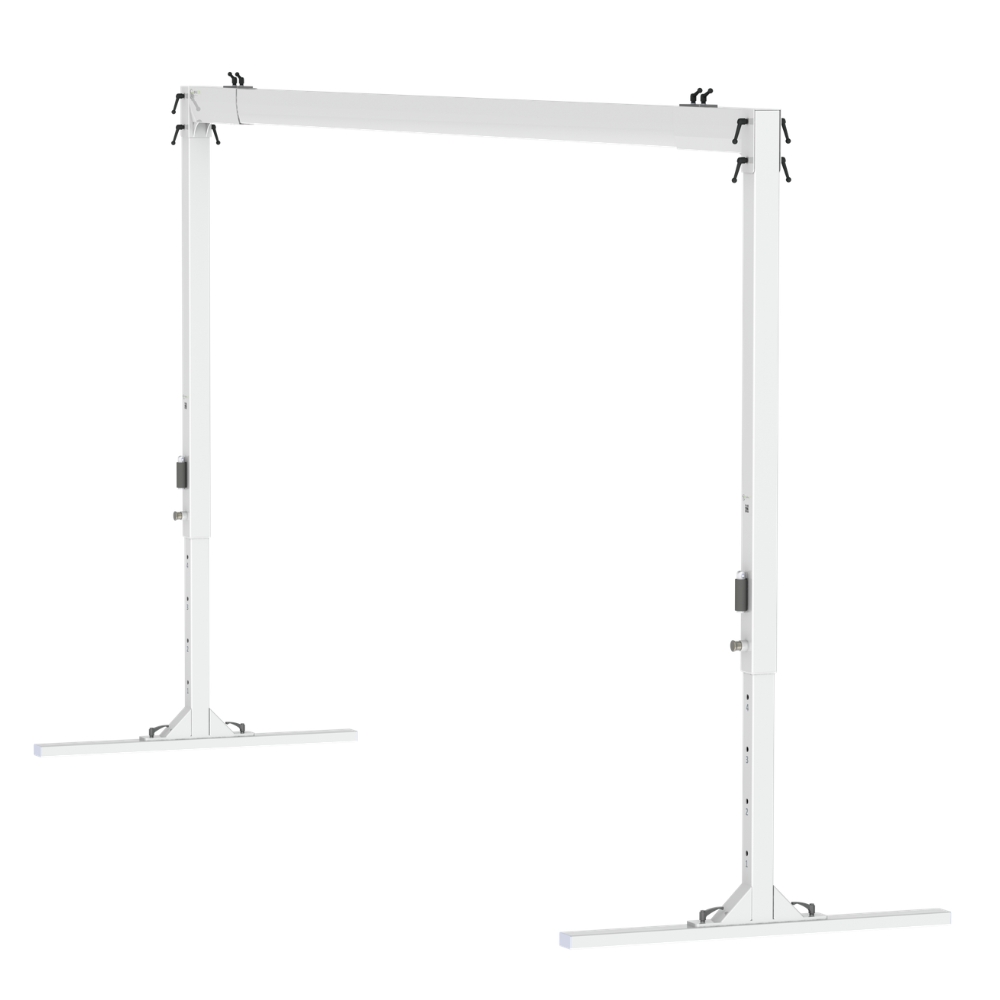 The FlexiRail Freestanding Gantry Lift features a white adjustable-height frame with two vertical legs and horizontal supports, designed for mounting yet shown without a tabletop or accessories—similar in function to the sturdy frames used for an overhead patient lift.