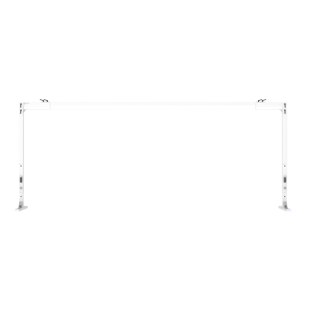 A FlexiRail Freestanding Gantry Lift, featuring a white metal frame with two vertical legs and a horizontal bar, stands against a plain white background.