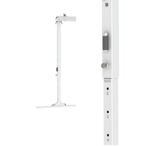 Freestanding white FlexiRail Freestanding Gantry Lift shown from a side view and close-up, featuring numbered height adjustment markings and a metal knob, designed to complement clinical equipment such as an overhead patient lift.