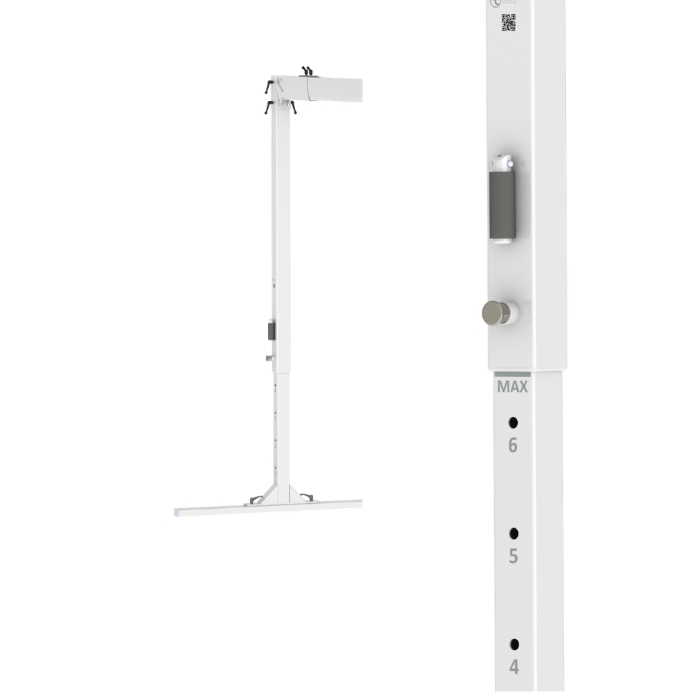 Freestanding white FlexiRail Freestanding Gantry Lift shown from a side view and close-up, featuring numbered height adjustment markings and a metal knob, designed to complement clinical equipment such as an overhead patient lift.
