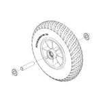 Exploded technical drawing of the Front Wheel Assembly for Pride Elite Traveller 3-wheel, featuring the wheel with tire, axle, and two bearings shown separately.