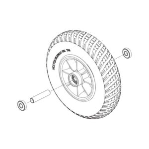 Exploded technical drawing of the Front Wheel Assembly for Pride Elite Traveller 3-wheel, featuring the wheel with tire, axle, and two bearings shown separately.