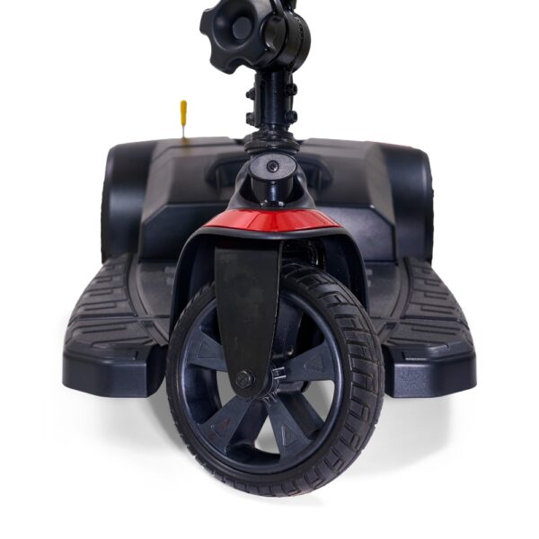 Close-up front view of a black and red BuzzAround LT 3-Wheel Scooter, featuring a large central wheel and two side platforms for mobility.