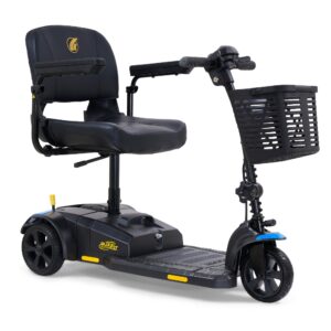 The BuzzAround LT 3-Wheel Scooter features a black seat, handlebar, and front basket, offering convenient personal transportation.