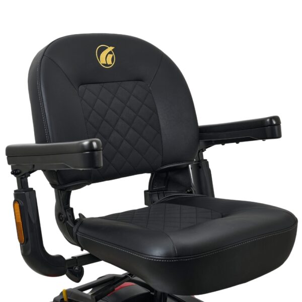 Black padded seat with quilted stitching, armrests, and gold logo on the backrest for the BuzzAround LX 4-Wheel Scooter.