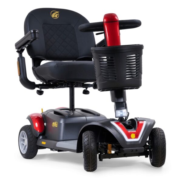 A black and red BuzzAround LX 4-Wheel Scooter with a padded seat, armrests, front basket, and four wheels, shown from the front left angle.