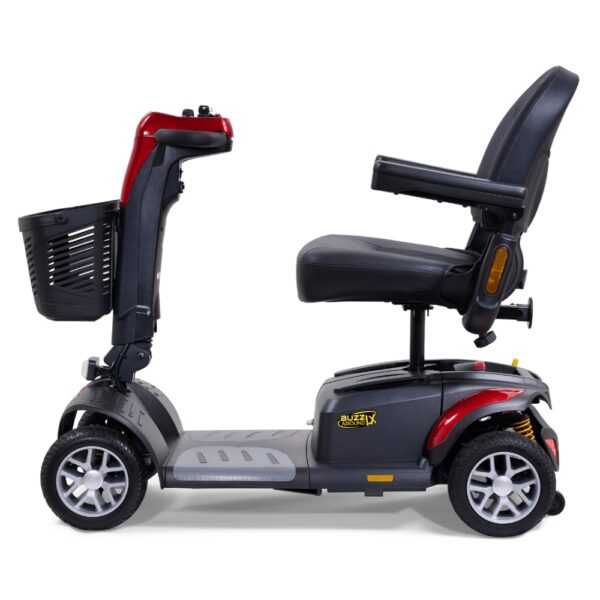 Side view of a black and red BuzzAround LX 4-Wheel Scooter featuring a seat, armrests, rear suspension, and front basket set against a white background.