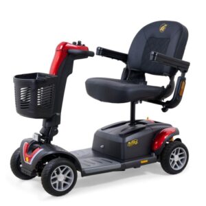 The BuzzAround LX 4-Wheel Scooter features a black seat, armrests, front basket, and bold red accents.
