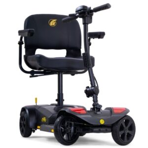 The BuzzAround LT 4-Wheel Scooter is black and features a padded seat, armrests, and handlebars, designed for personal transportation.