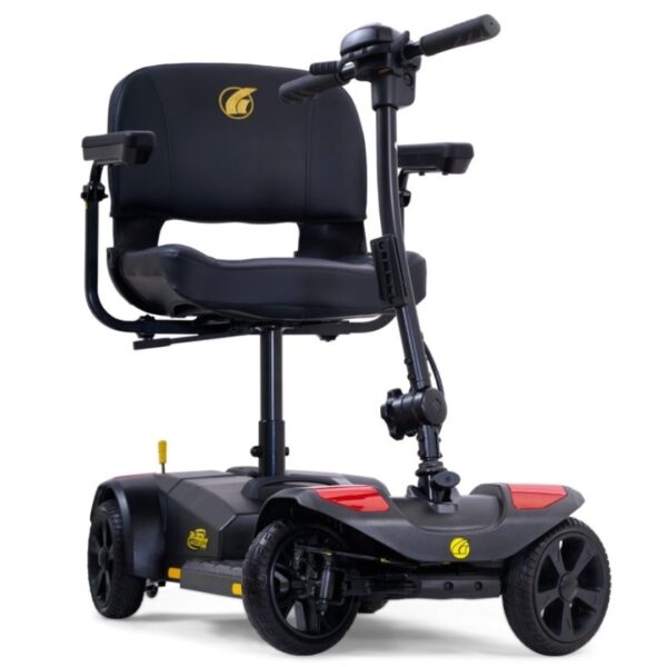 The BuzzAround LT 4-Wheel Scooter is black and features a padded seat, armrests, and handlebars, designed for personal transportation.
