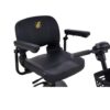 Black cushioned seat with armrests on the BuzzAround LT 3-Wheel Scooter, showing part of the handlebar and basket.