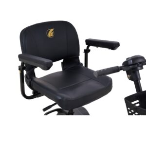 Black cushioned seat with armrests on the BuzzAround LT 3-Wheel Scooter, showing part of the handlebar and basket.