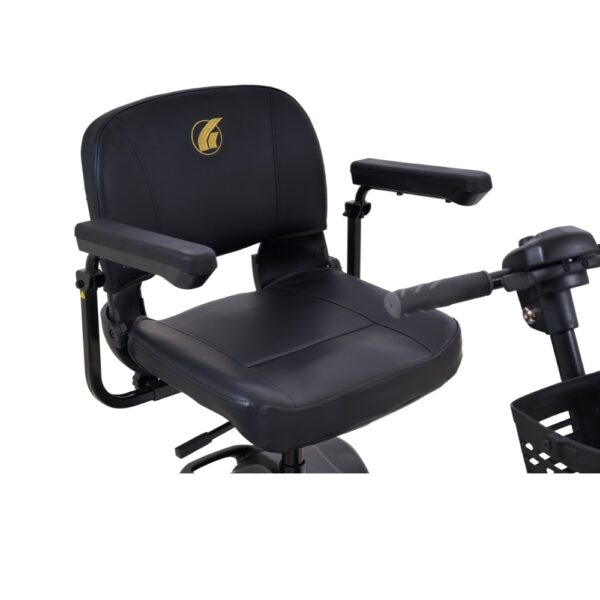 Black cushioned seat with armrests on the BuzzAround LT 3-Wheel Scooter, showing part of the handlebar and basket.