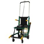 The Helix Mobile Stairlift is a foldable green emergency evacuation chair with a black seat, yellow handles, and wheels for easy transport.