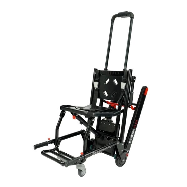 The Genesis Flex is a black and red mobile stair lift, expertly designed with a foldable frame, wheels, and handle to assist in transporting individuals on stairs.