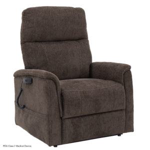 Brown recliner chair with a textured finish, inspired by the Genesis Lift Chair, featuring a side control panel and a corded remote.
