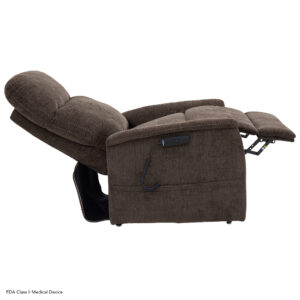 The Genesis Lift Chair in brown fully reclines and features a convenient remote control attached by a cord.