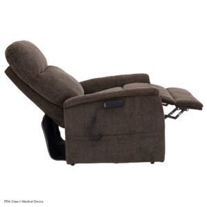 The Genesis Lift Chair, in a side view fully reclined position, boasts rich brown fabric and comes with a wired remote control on the armrest for easy adjustments.