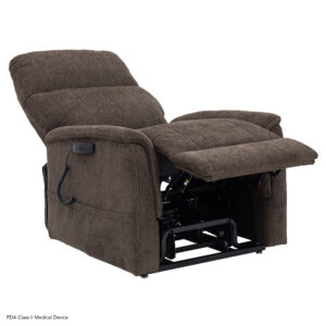 The Genesis Lift Chair, in brown, includes padded armrests, an extended footrest, a side control panel, and a dark metal base for ultimate comfort.