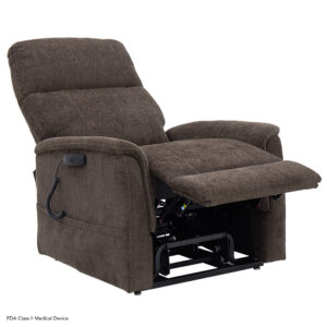 The Genesis Lift Chair boasts a brown fabric design, a reclining seat, an extended footrest, and a handy control panel on the side.