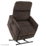 The Genesis Lift Chair features rich brown upholstery and sits semi-upright on a sleek black metal base.