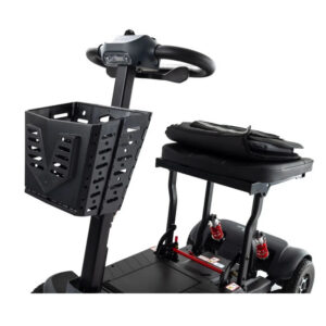 A black Monarch Mobility Genie Auto scooter featuring a front basket, handlebars, and a padded seat.