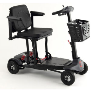 A black Monarch Mobility Genie Auto four-wheeled scooter with a padded seat, armrests, and a front-mounted storage basket.