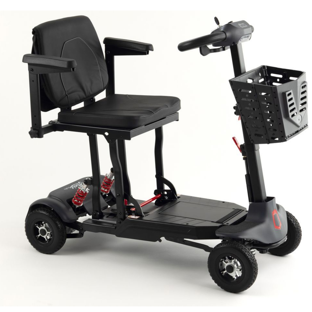 A black Monarch Mobility Genie Auto four-wheeled scooter with a padded seat, armrests, and a front-mounted storage basket.