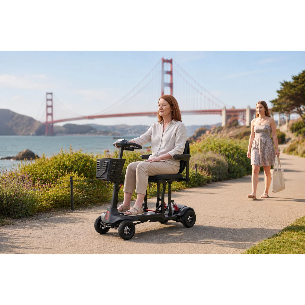 A woman rides a Monarch Mobility Genie Auto along a path with the Golden Gate Bridge in the background as another woman walks behind her.