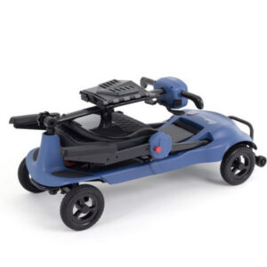 A blue, four-wheeled Monarch Mobility Genie Ultralight mobility scooter folded into a compact, flat position.