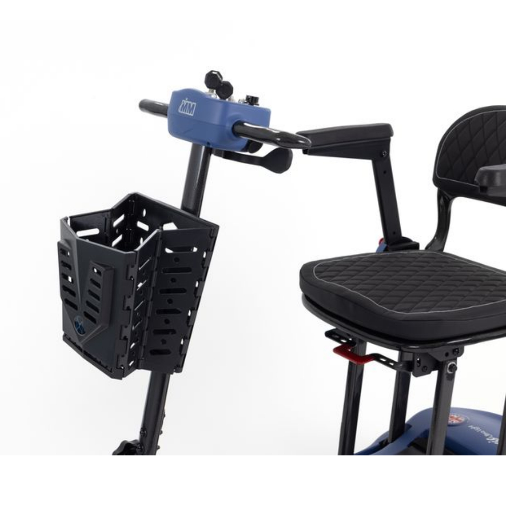 Close-up of a Monarch Mobility Genie Ultralight mobility scooter featuring a front storage basket, blue control console, and a black padded seat.