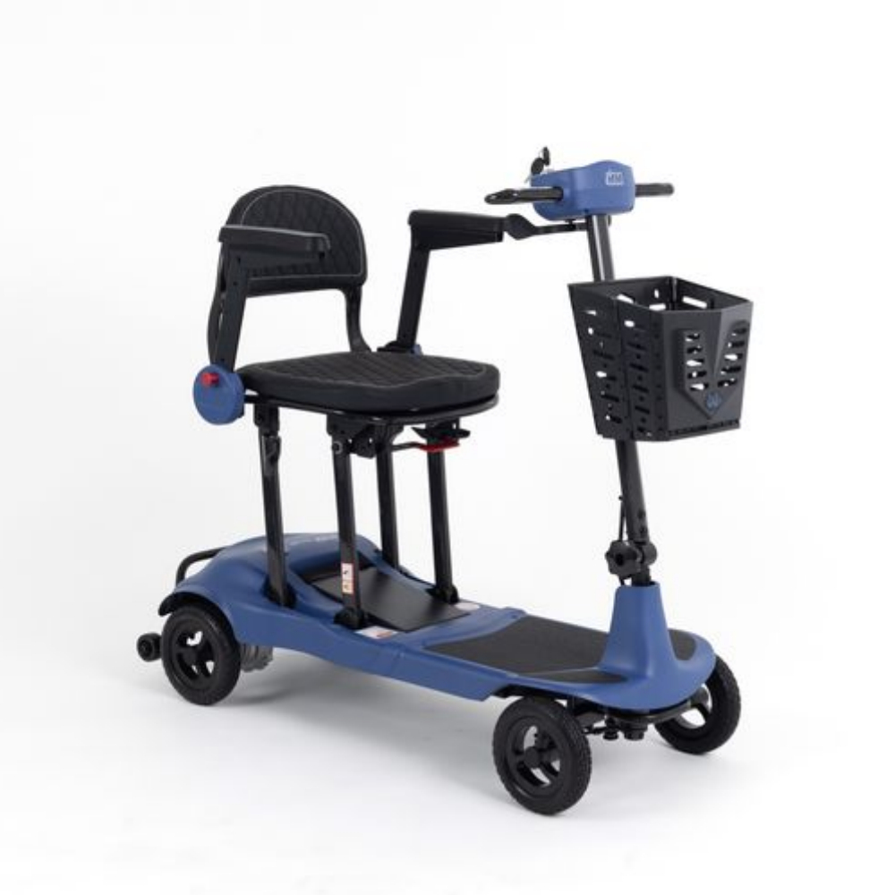 Blue Monarch Mobility Genie Ultralight four-wheeled mobility scooter with a padded seat and a front storage basket.