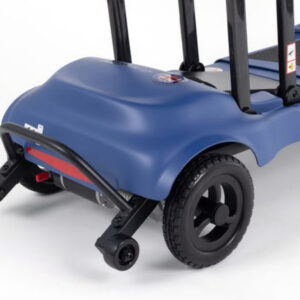 Rear view of a blue Monarch Mobility Genie Ultralight mobility scooter showing the wheels, back bumper, and frame.