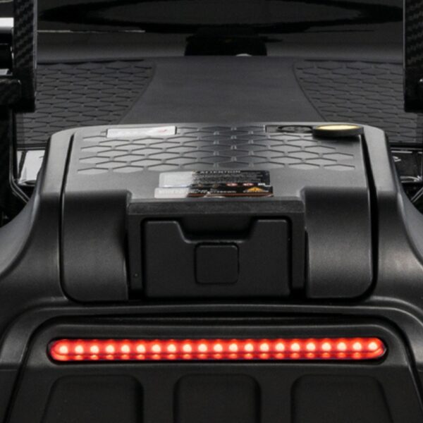 Close-up view of a black electric scooter deck with a textured surface, Lithium Battery for Go Go Carbon compartment, and a horizontal red LED light strip.
