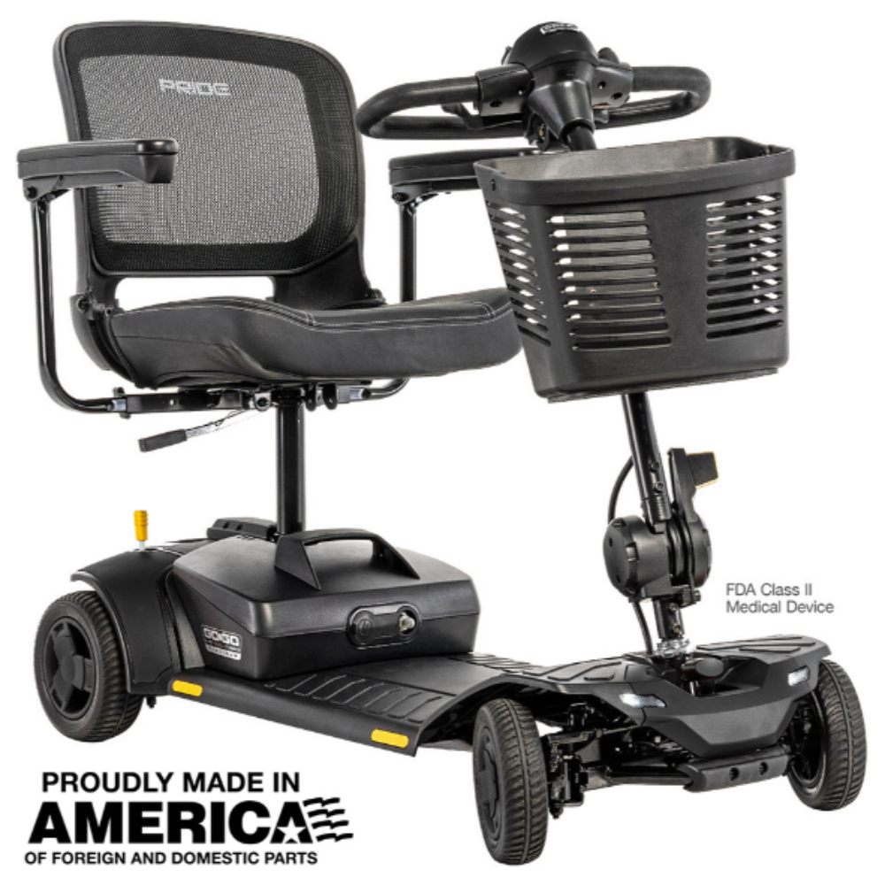 Go Go Elite Traveller Gen 3 Platinum electric mobility scooter featuring a mesh backrest, black frame, front basket, and three wheels. This model is FDA Class II and made in America with domestic and foreign parts.