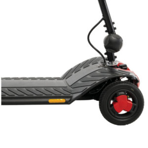 Close-up of the front section of a black Go Go Elite Traveller Gen 3 electric scooter, showing the deck, handlebar stem, front wheel, and a yellow reflector.