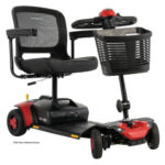 Go Go Elite Traveller Gen 3 three-wheeled electric mobility scooter featuring a black seat, red accents, armrests, and a front basket, displayed on a white background.