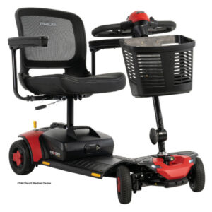 Go Go Elite Traveller Gen 3 three-wheeled electric mobility scooter featuring a black seat, red accents, armrests, and a front basket, displayed on a white background.