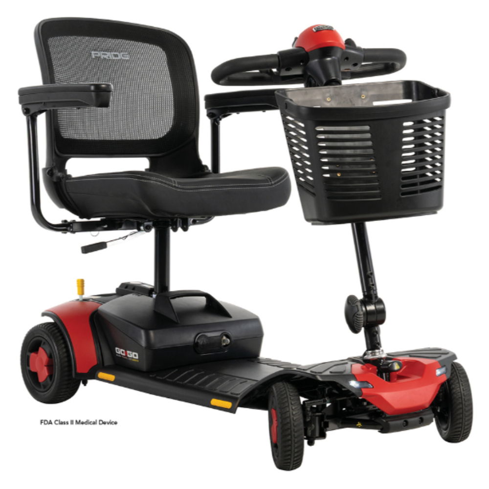 Go Go Elite Traveller Gen 3 three-wheeled electric mobility scooter featuring a black seat, red accents, armrests, and a front basket, displayed on a white background.