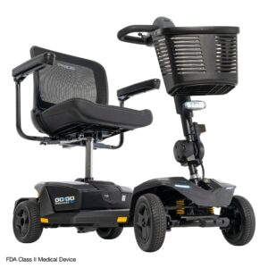 A Go Go® Endurance AL+ 4-Wheel Scooter in black, featuring a mesh backrest, armrests, and a front basket, is displayed against a white background.