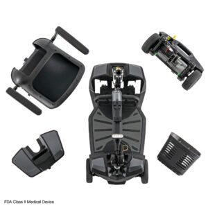 Overhead view of a disassembled Go Go® Endurance AL+ 4-Wheel Scooter showing its seat, battery, base, front wheels, and basket.